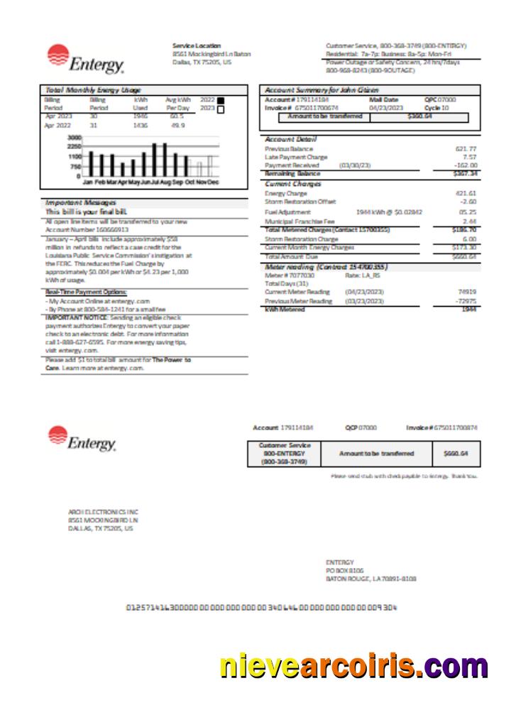 Entergy utility business bill, page 1